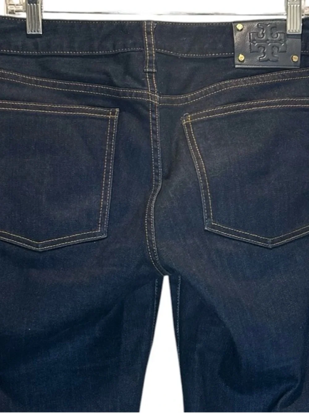 Tory Burch Straight Leg Jeans Dark Wash Denim w/ Leather Logo Patch - Size 30